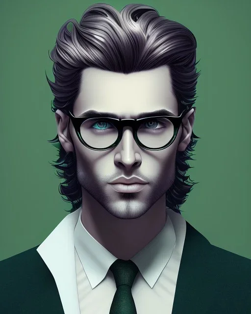 Fit man in round glasses, wavy hair, stubble, slim, tie, monotone, green eyes, comic book style, two tone colours, detailed, ink, realistic, handsome, square jaw, big brows, no jacket, bird on the shoulder, spotlight