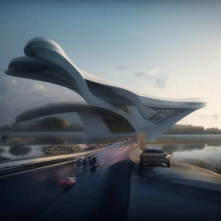 Puente para personas atraviesa una autopista de lado a lado, por debajo pasan autos, estilo Zaha Hadid