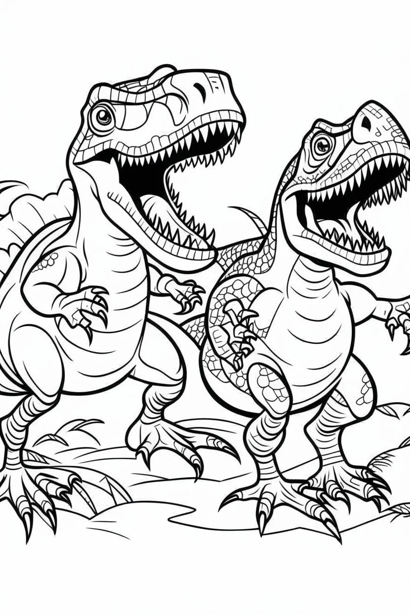 A coloring page, white backgroundDepict a pair of T-Rex siblings engaging in playful antics together, such as chasing each other or play-fighting, with laughter and camaraderie filling the air. ink drawing clipart, simple line illustrations, colored