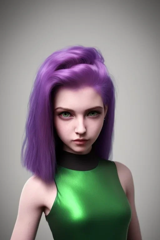 purple haired human girl with bright green eyes wearing black dress