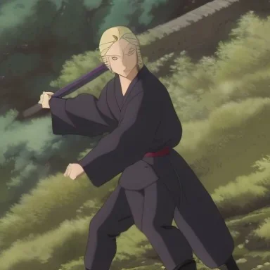 blond ninja with katana in black clothes