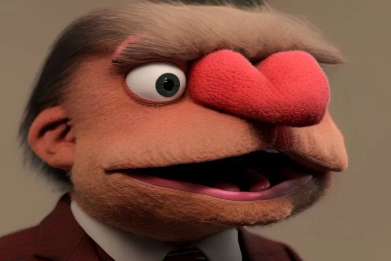 Angry muppet trump in suit, no tongue, looking forward, face, smaller, round puffball nose, eyebrows, small nose, no teeth