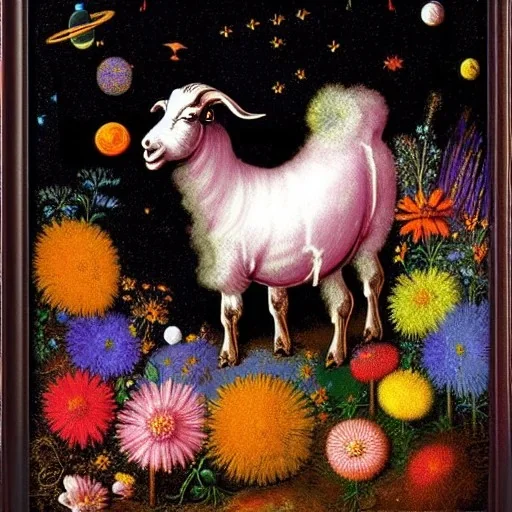 Flowers and goats neon colors in outer space Rembrandt