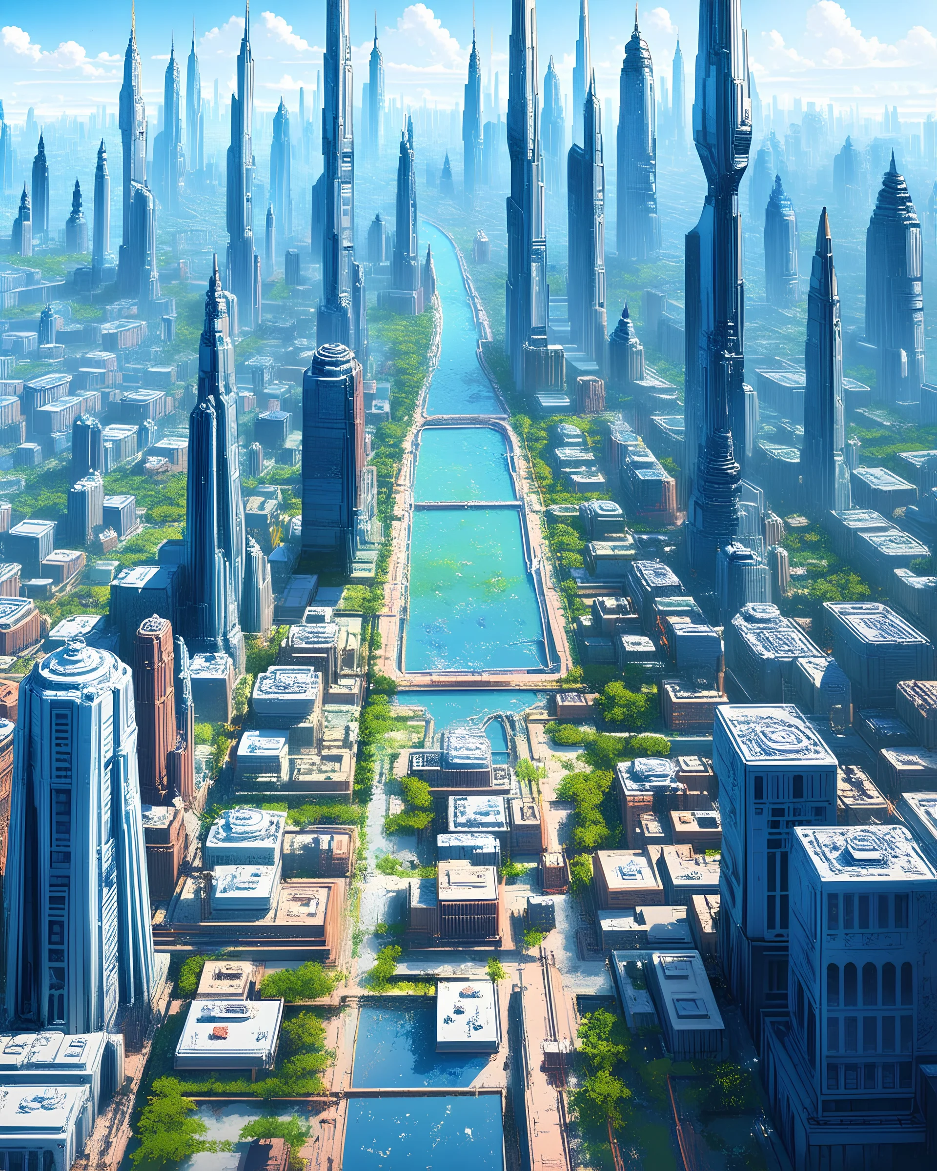 Futuristic city: Visual representation of an advanced city conveying a futuristic and harmonious urban landscape, with vision from the gound.