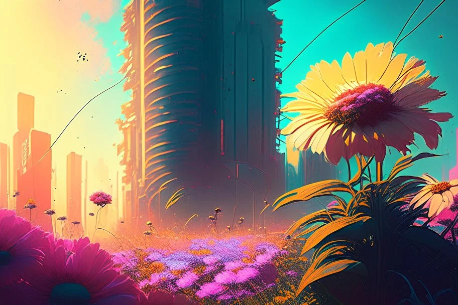 sunny day, flowers, epic, sci-fi, retrowave city