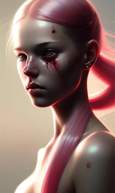 girl, cute, beautiful, pink hair, brown eyes, pigtails, bangs, knife in hand, blood on face, by Greg Rutkowski, big boobs