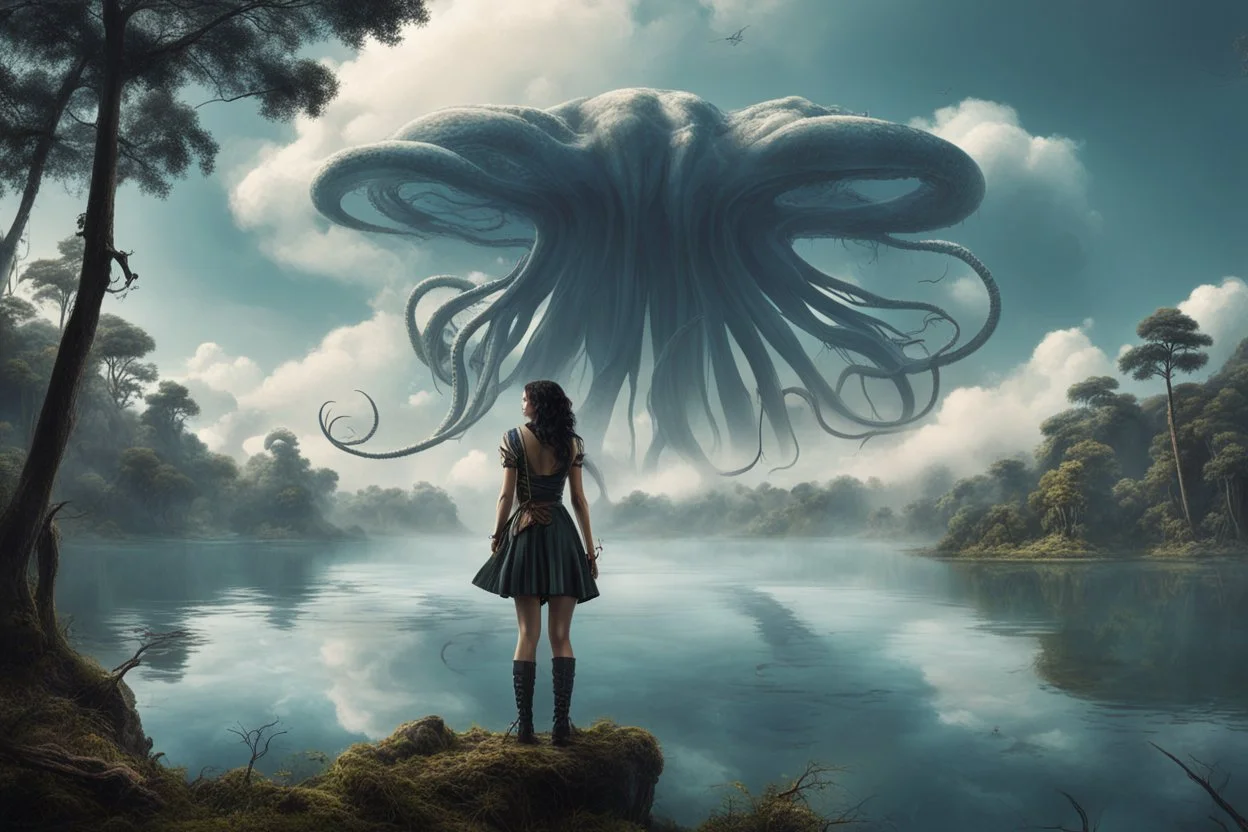 A skinny woman with a Cleopatra hairstyle, short skirt, and knee-high boots, looking out over a lake, in an alien forest, with tall cloud trees, flying Portuguese men of war with octopus tentacles