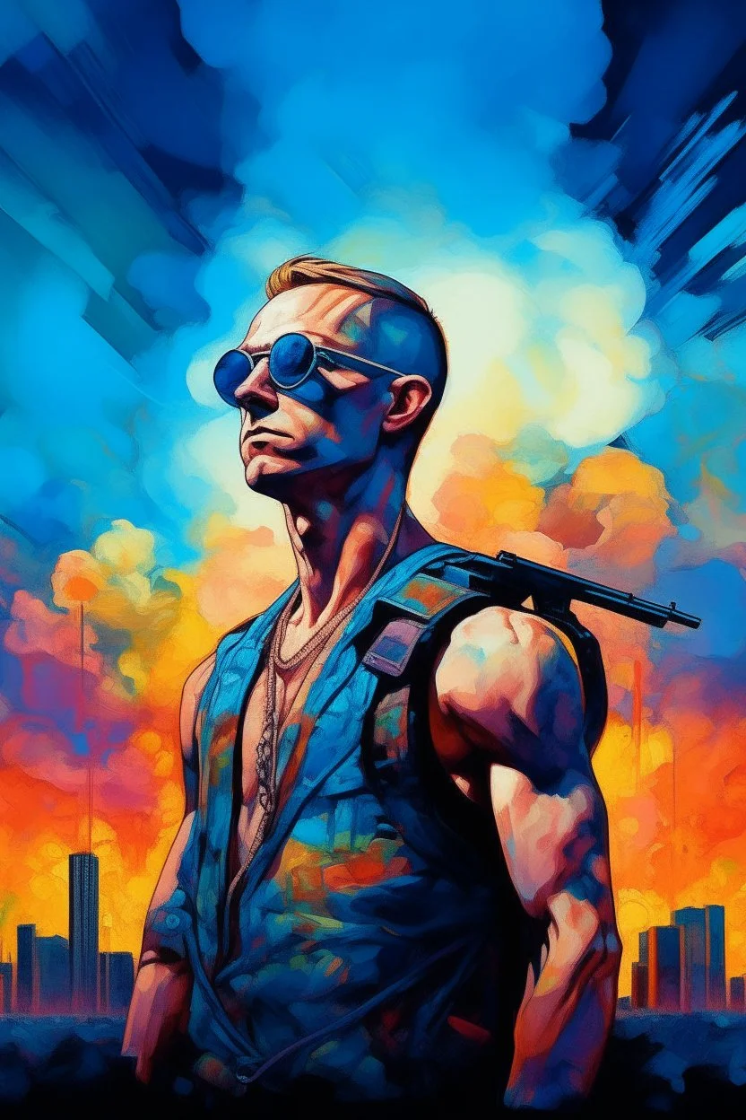 A surreal picture of a man wearing sun glasses with crystal visible chest in side it merge a big city buildings. Busch painting style , mystery, anger oil rough brush with thick colors, wearing nucleus with big cross on his chest , blue colors picture with colorful clouds and hanging a gun strap on his chest