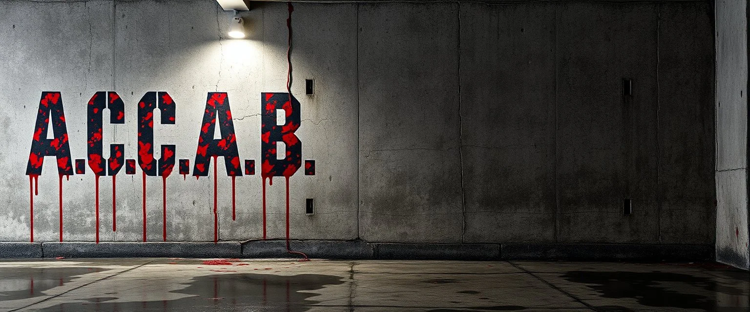 background of firing squad execution wall(wet textured concrete, gray, old, cracked, bullet holes, blood stained, 1 wall light) from underground parking, german style, a large blocky upside down "A.C.A.B." painted on left(old faded paint, red stains running down and past), cyberpunk,