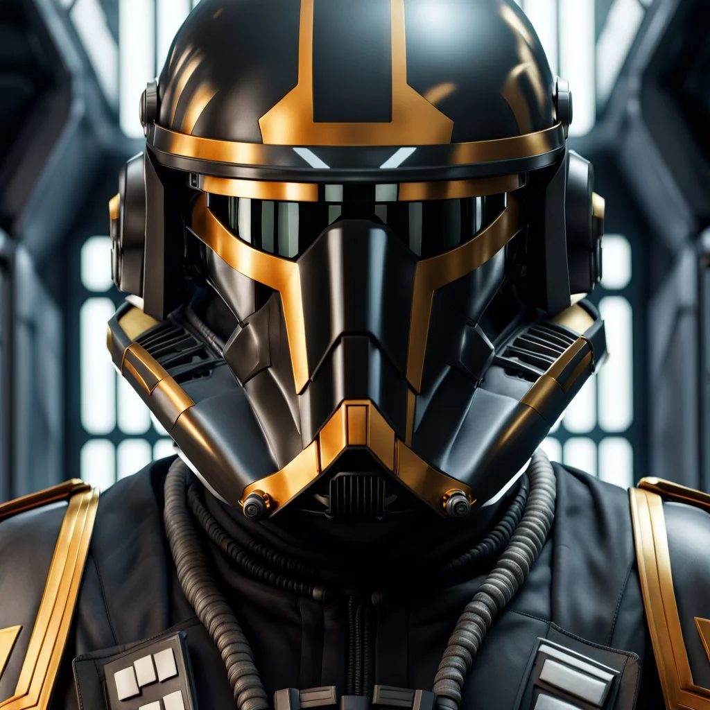 star wars bald male corellian pilot wearing dark gunmetal grey and black First Order special forces TIE pilot armored flightsuit and helmet with gold trim inside the jedi temple, centered head and shoulders portrait, hyperdetailed, dynamic lighting, hyperdetailed background, 8k resolution, volumetric lighting, light skin, fully symmetric details