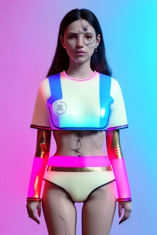 Ultra Realistic image, Rosalía artist, 40 years old, portrait, normal complexion, natural small busty, traditional little tattoo, two bows, little chopsticks hair ,black eye long liner, latex t-shirt and inflatable coat, gold pink and blue style, spray line glow make up, geometric led jewelry, fog, hot, inflatable style latex coat, vibrant color, highly detailed, art stations, concept art, smooth, unreal engine 5, god rays, ray tracing, RTX, lumen lighting, ultra detail, volumetric lighting.