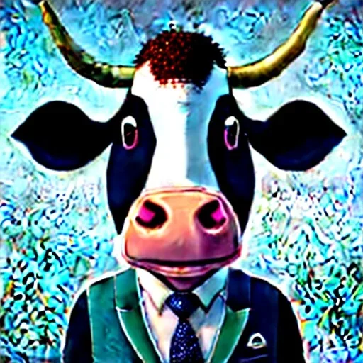 A cow wearing a suit and tie