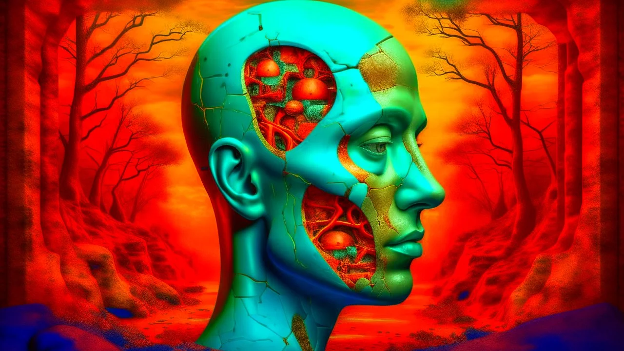 Skin bones stone face, dystopian environment, a forest can be seen through a hole in the side of the head, cracks and peeling in the face, a brain from another time, a divided mind, a portal to the distant future. Deep contrasting colors. Surrealism and abstraction by Angel Planells