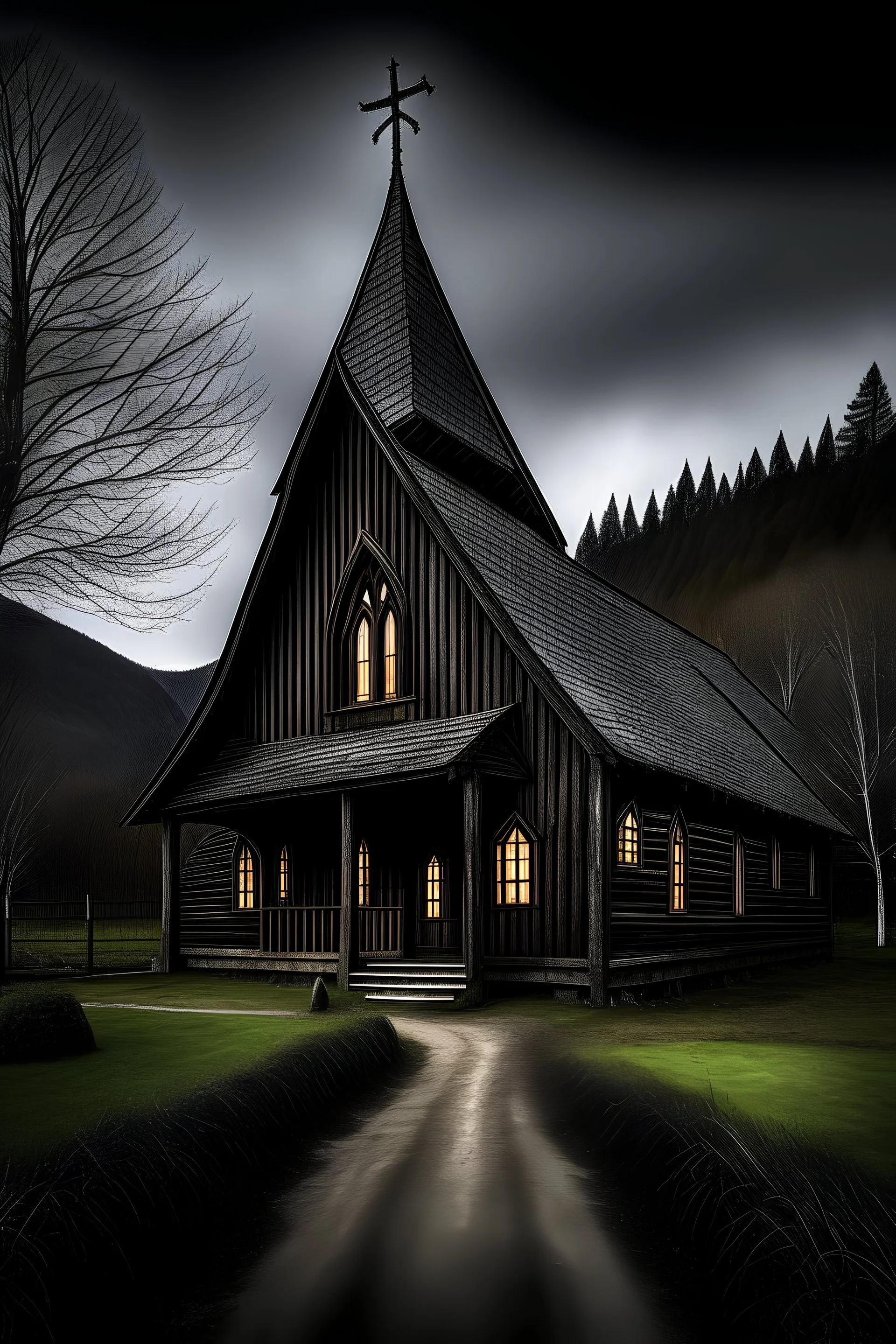 Wooden church in Norway, Norway, Burzum, Varg, Mörk, dark, depressive, the style of greg rutkowski