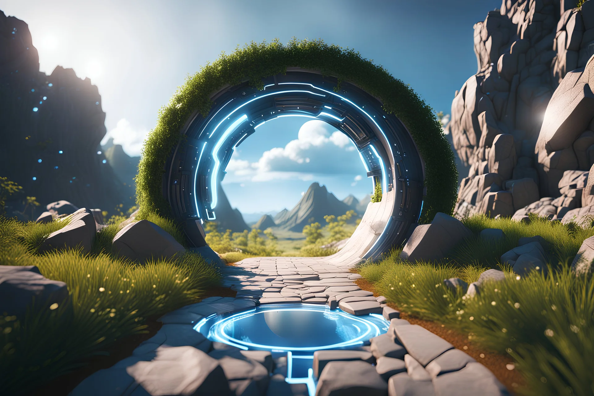 landscape outdoor portal connected to cyber world, Cinematic smooth, Blender, octane render, high quality, High resolution