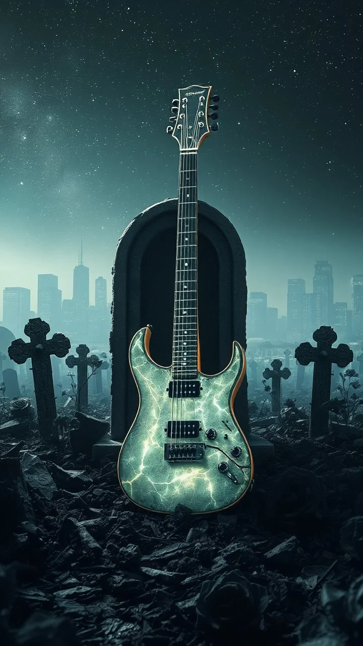 "ancient glowing metallic white electrical guitar on a ruined graveyard altar, surrounded by black flowers runes and chitin shards, starry sky of a city background, dramatic spotlight, 16:9, high detail, no humans."