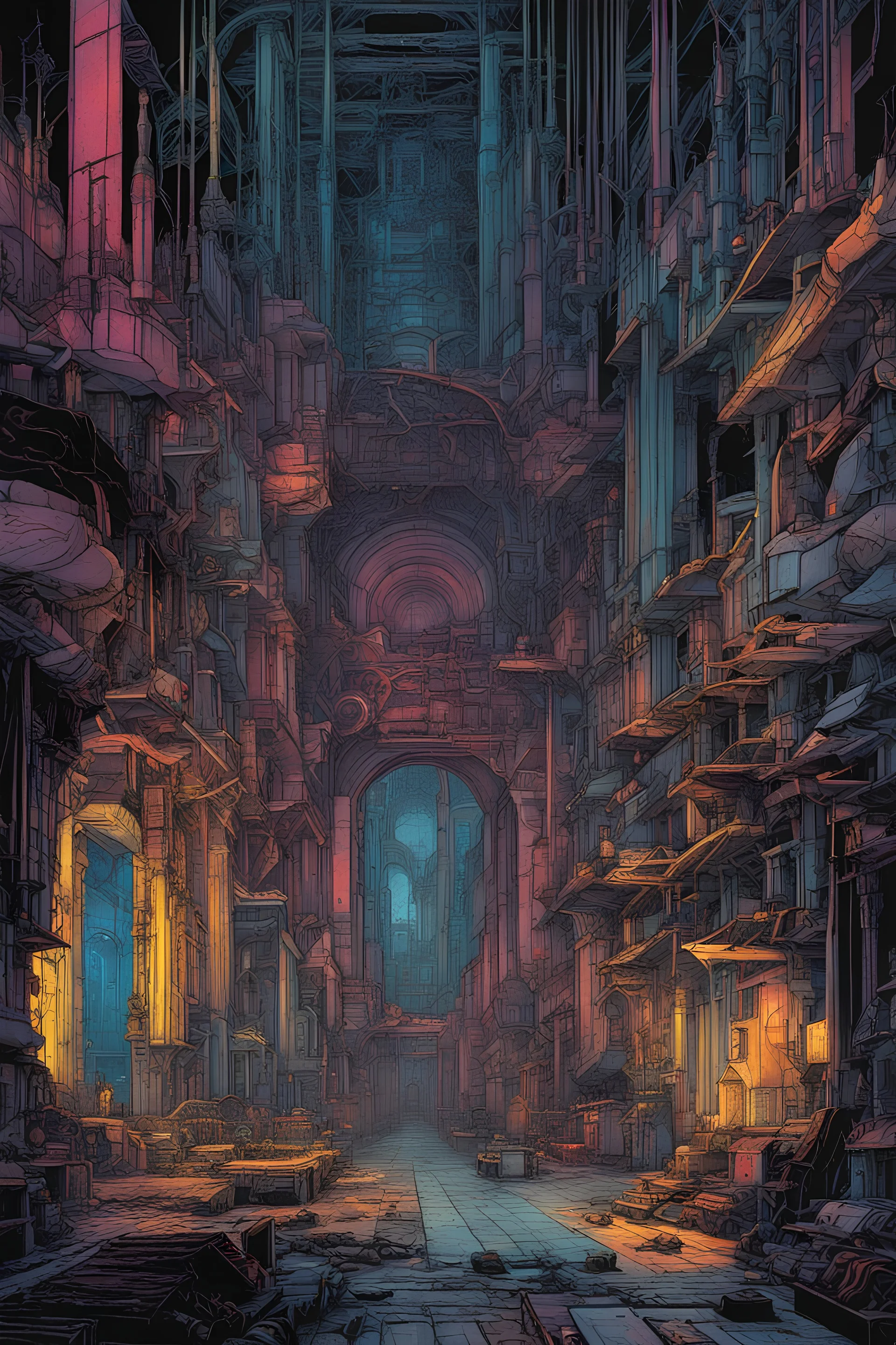 cyberpunk renaissance, Abstract sci-fi painting, vivid colours, detailed ink outlines, harsh lighting, thick brushstrokes, RAW and gritty, dark and ominous, foreboding colours, techno gothic, chiaroscuro lighting