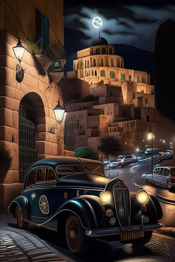 Un automóvil clásico con modificaciones estilo realista, por las calles de una ciudad Jerusalem Mount temple en la noche