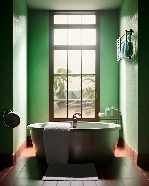 Bathroom scene, big hair monster into bath, Wes Anderson style, realistic photo, realistic image, concept art, smooth, unreal engine 5, god lights, ray tracing, RTX, lumen lighting, ultra detail, volumetric lighting, 3d.