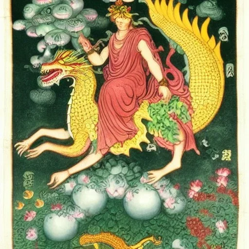 pagan god of flowers and fruits riding on a dragon