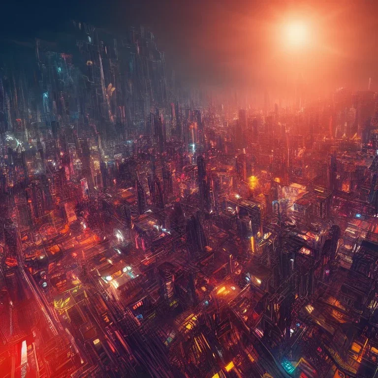 apocalypse, chaotic, magnificent, realistic, colorful, massive, epic, ray tracing, cinematic, 8k, HD, Ultra High Definition, photo film, film grain, hyper-detailed, retrowave giant futuristic city metropolis at night with high detail