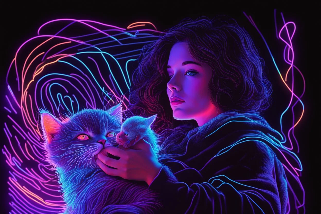 black light art, neon lines, contented brunette woman with fluffy kitten seeking something in the distance