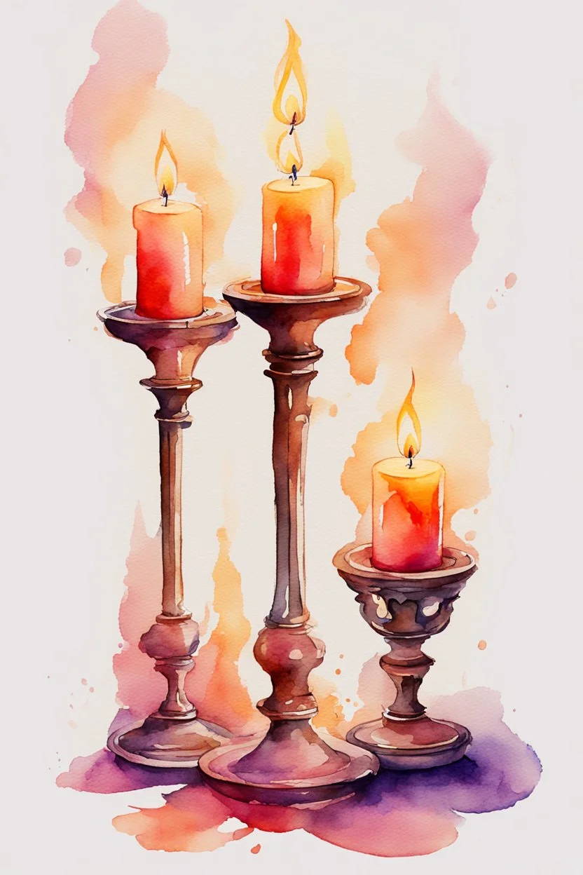 Watercolor candlestick with burning candles from the movie Beauty and the Beast on a light background