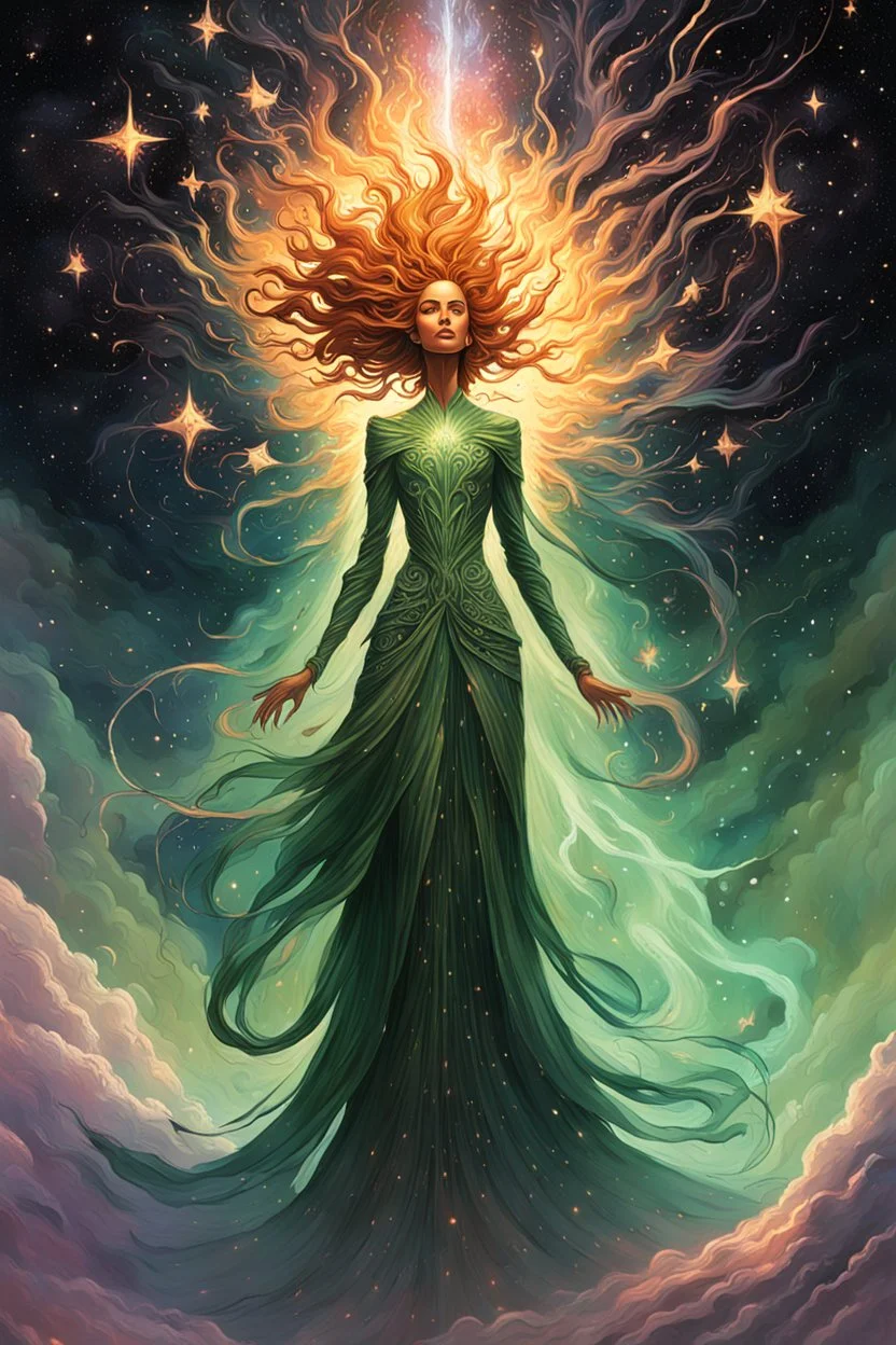 create a full body haunted celestial female entity, enshrouded in a gaseous cluster of exploding stars, with highly detailed, sharply lined facial features, , finely drawn, boldly inked, in soft celestial colors, otherworldly, ethereal, and majestic in the style of Peter Mohrbacher