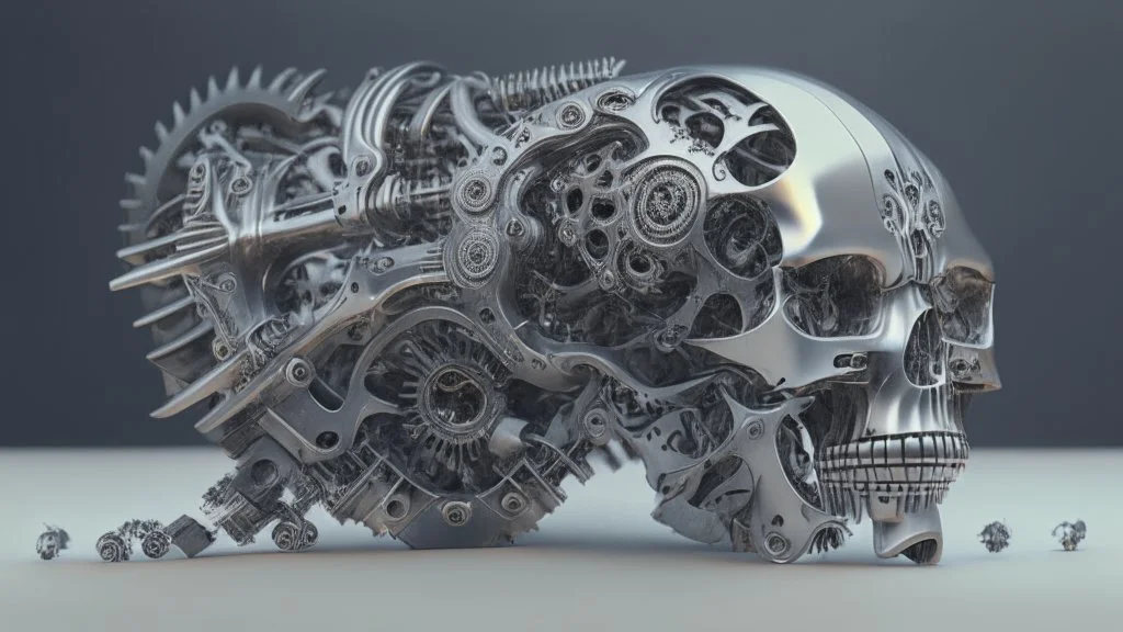 digital art, 3D silver skull made out of guns, weapons, bullets, mechanism, pistons, engine parts, unreal engine 5, octane render, side light , flat white background , cyberpunk retro, side view, composition, photorealistic, in the style of Jules Verne