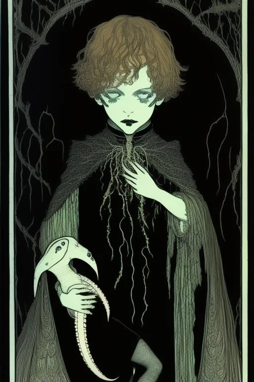 7 year old boy, necromancer, friendly, looks dead,with a long lamprey emerging from his belly , wearing black robes, in the style of Harry Clarke