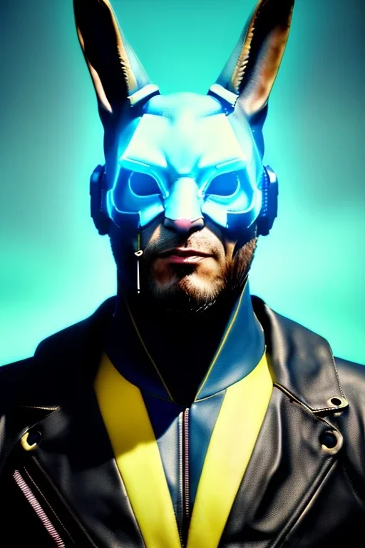 Medium Close Up Portrait, Front image. cyberpunk, rabbit mask, strong man, white short hair. leather, titanium suit. Yellow, black, red, color. Ghost in the shell style. Color background, photo studio. Avatar image, highly detailed, concept art, smooth, unreal engine 5, god rays, ray tracing, RTX, lumen lighting, ultra detail, volumetric lighting, 3d, finely drawn, high definition, high resolution.