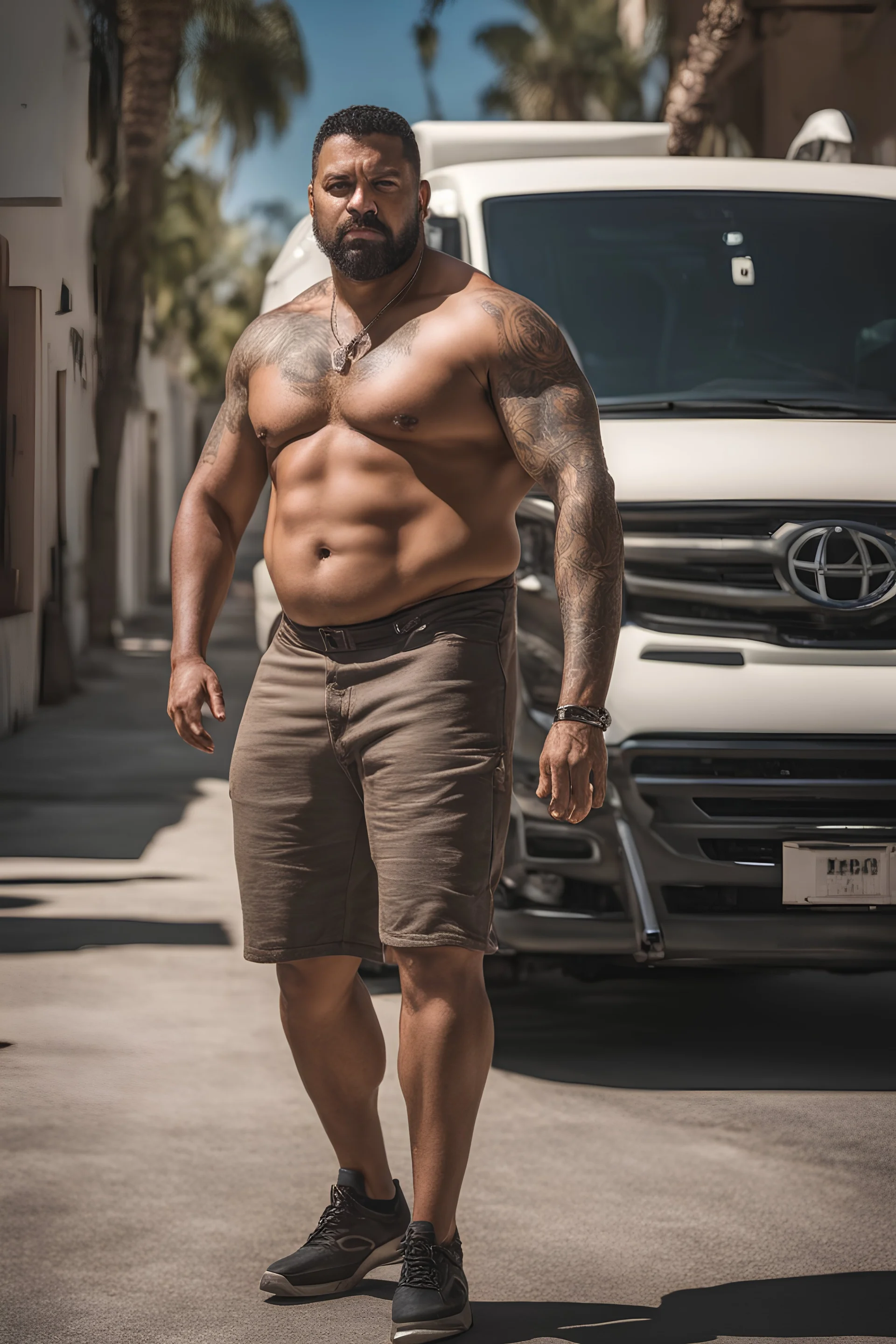 half figure photography of a 39 year old beefy burly latino , shirtless, bulging shorts, leaning with his to his van, hands on the fap, big shoulders, hairy chest, tattoo, very virile, short beard, short hair, side light, in a sunny street, photorealistic