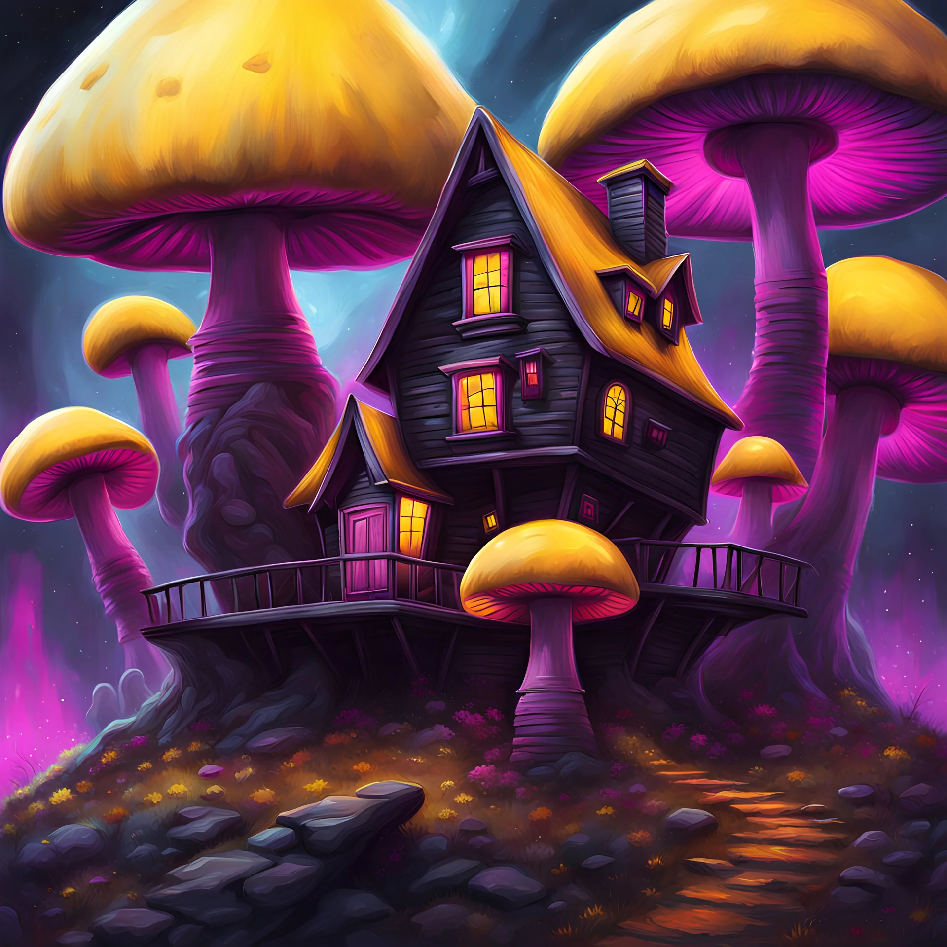 space island mushroom house. black, magenta, and yellow colored. Detailed oil Painting, muted color, fantastical, intricate detail, splash screen, hyperdetailed, insane depth, concept art, 8k resolution, trending on artstation