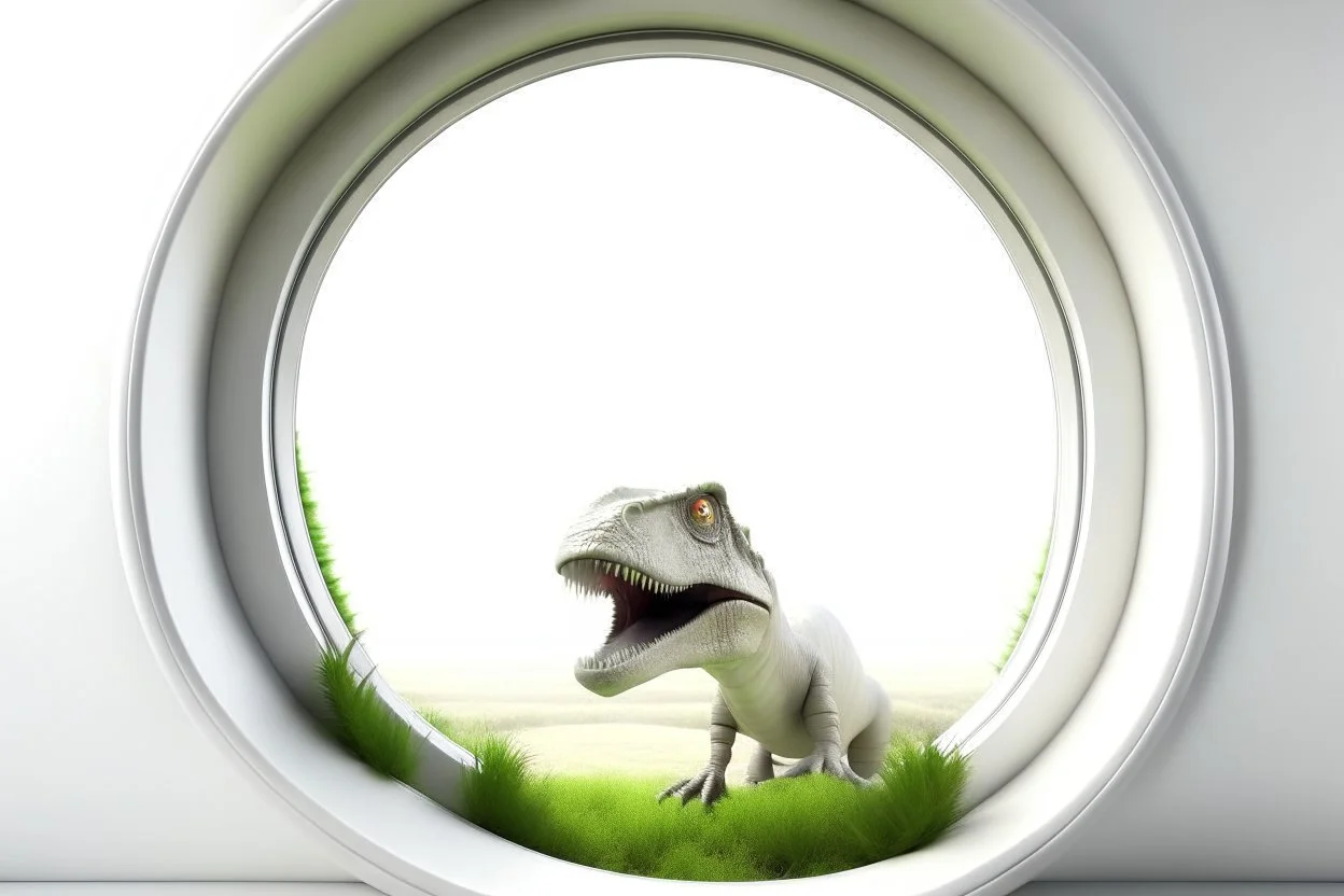 white,background,looking,through,a 3-d, hole,or,window,,a,seeing a dinosaur