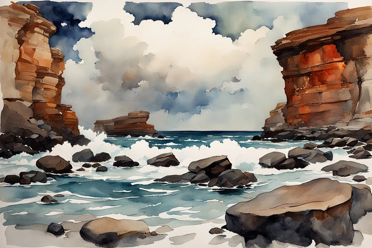 Clouds, rocks, cliffs, rocky land, sci-fi and fantasy, beyond and trascendent, 90's sci-fi movies influence, winslow homer watercolor paintings