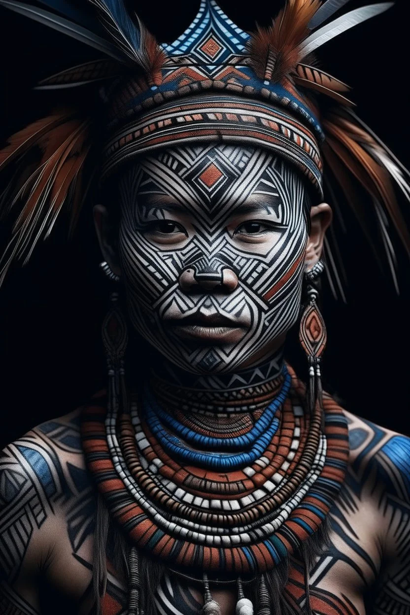 A portrait where traditional tribal elements like geometric patterns, body paint or native attire fuse seamlessly with the subject's features.