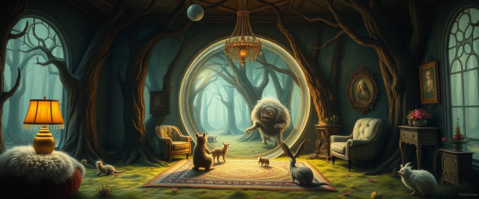 in the magical mirror forest we get a strange portrait of a living room, and you enter the strangest bubble doorway to weird dimension and the aura of its heavenly fluffy elevated messed up woodland and ad & d monster creatures flock painted by Nerdrum and Rembrandt