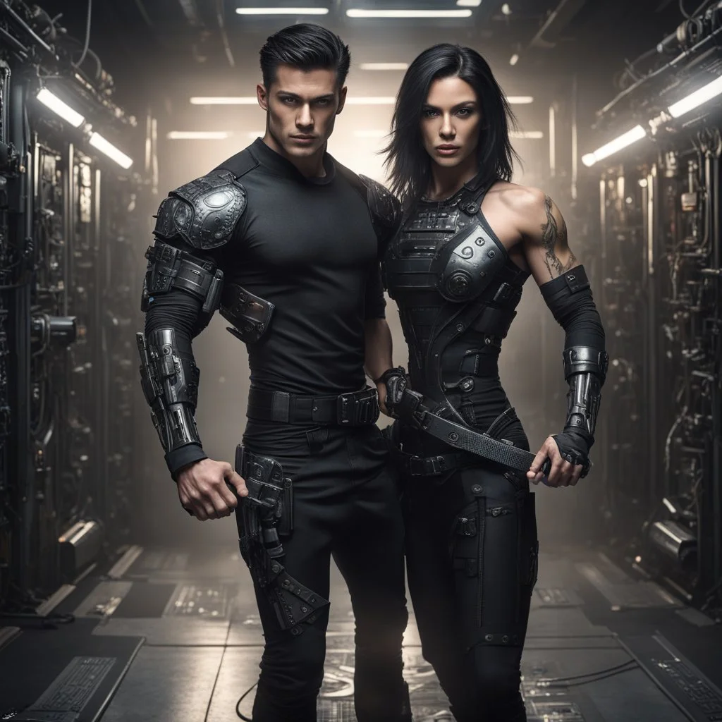 Hyper Realistic Young handsome muscular man with-short-black-hair & a soul patch wearing a skintight black long sleeve shirt cybernetic armor utility belt has weapons on it dancing with a beautiful-lady-with-long-black-hair wearing-circuit-patterned-gown in an underground control room with cinematic & dramatic ambiance"