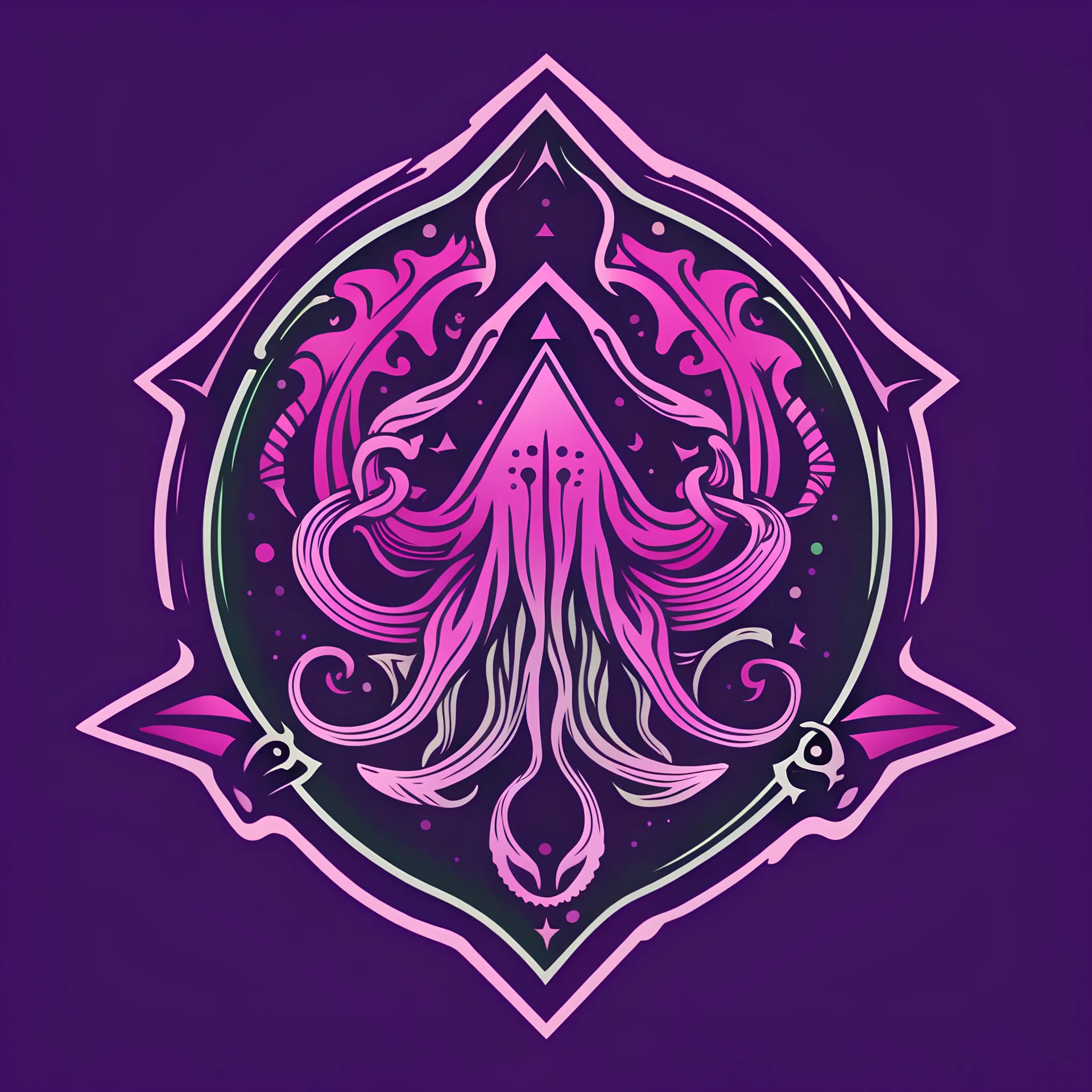 a simple design for an emblem. The emblem is triangular with outlines of a kraken. The colors is purple, pink and dark green.