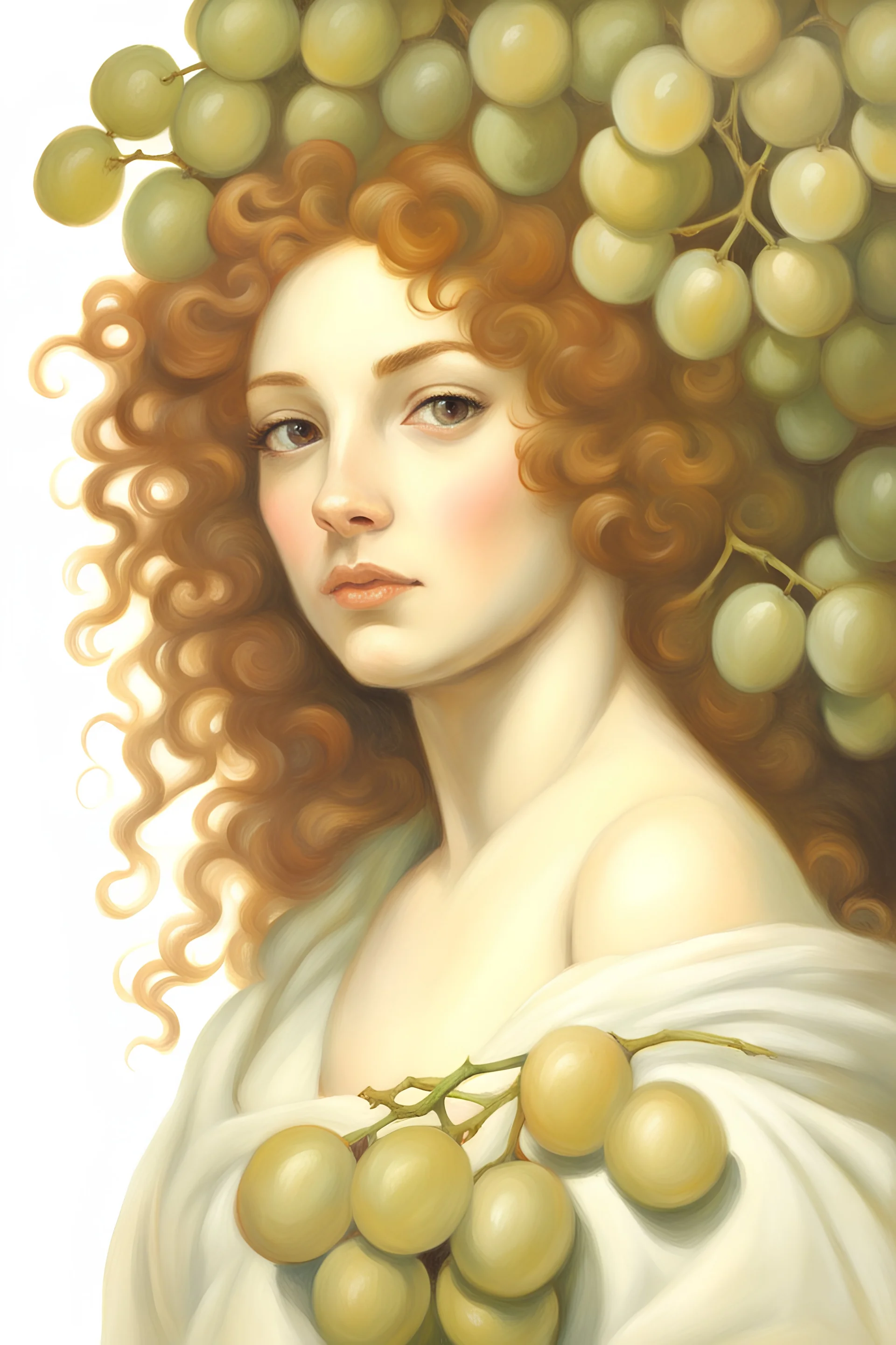 Romantic oil painting, the face of a young woman with auburn curly hair against a dark background. The left half of her face is behind a bunch of ripe greenish grapes, while on the right, there is an ivory-white Manila mantle adorned with knives and roses.
