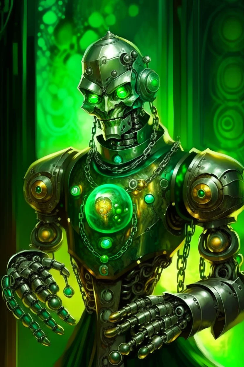 book illustration, oil painting portrait of metallic green faced slightly knightly smirking robot vampire holding magical ball in chain, bokeh , high detail, smooth render, prize winning