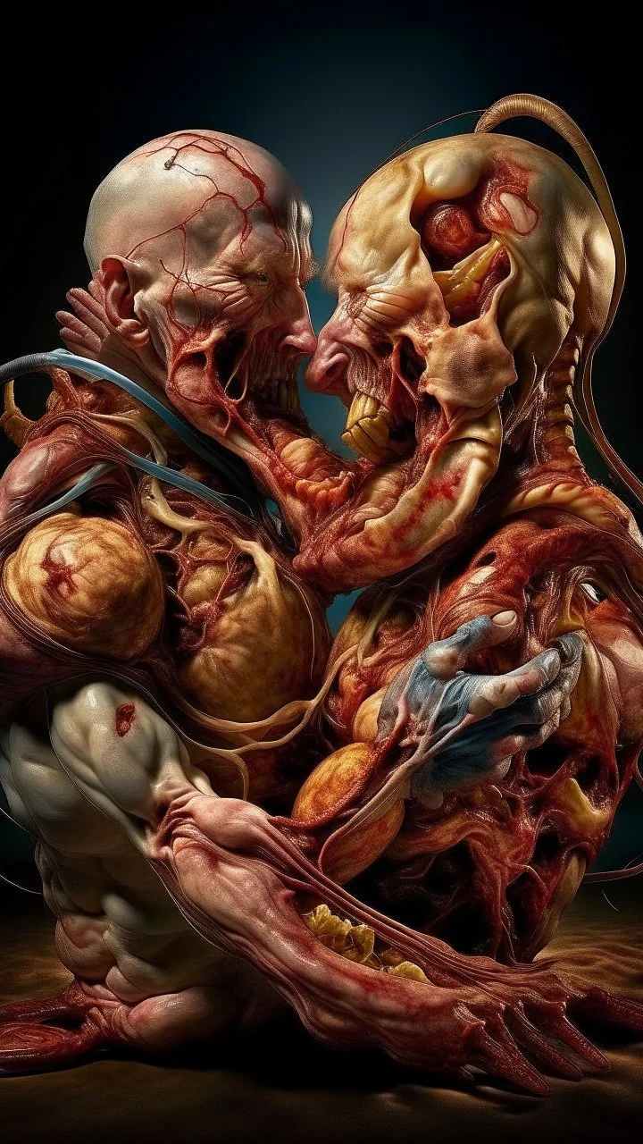 cinematic gore Bosch style photorealistic fleshy dmt lsd photo of 2 conjoined mangled zipper-faced embryonic bodies wrestling, 1 soul vortex, complementary, anatomically fragmented, ripped apart again being flayed, skinned alive. A beating heart, muscles, blood vessels, bowels, entrails are exposed. Visceral anatomy. physiology. Bosch and Dali inspired hallucinations. mythology. grotesque.