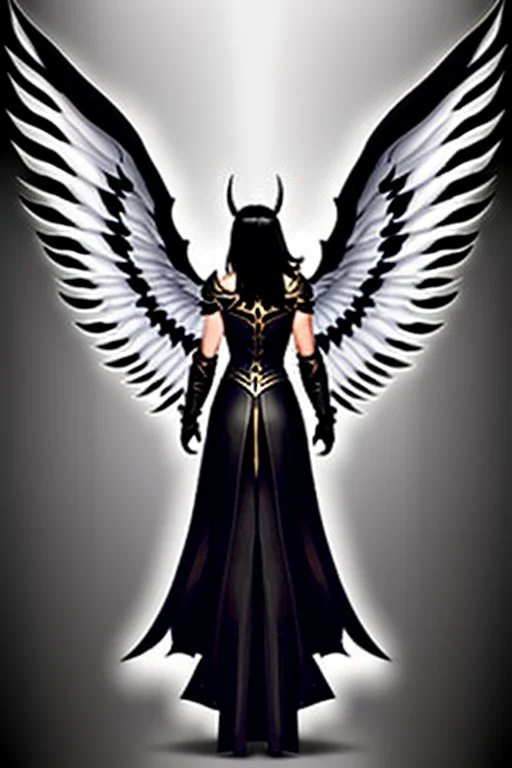 angel, demon, angel demon hybrid, half angel, half demon, black angel wings, white demon wings, black and white, balance, horns, armor, noble clothes, black and white armor, black and white clothes