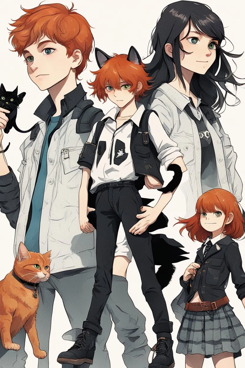 two boys with ginger hair plus a teenage punk girl with dark hair are standing in characteristic book cover-style poses with the black cat. They are young amateur detectives. White background, mysterious atmosphere