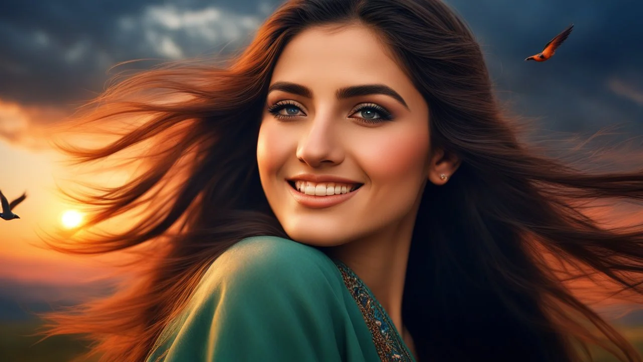 Hyper Realistic Photographic Close Side Face View Of A Extremely Beautiful Pakistani Pashto Young Woman (With Beautiful Green Eyes & Long Hair Whirling From Cold Breeze, Happily Looking At The Dramatic Cloudy Sunset And Giving A Bold Smile, With Navy-Blue Sky & Dark Clouds With Orange Sunset Sky, With Few Birds Flying Far, Showing Dramatic And Cinematic Ambiance.