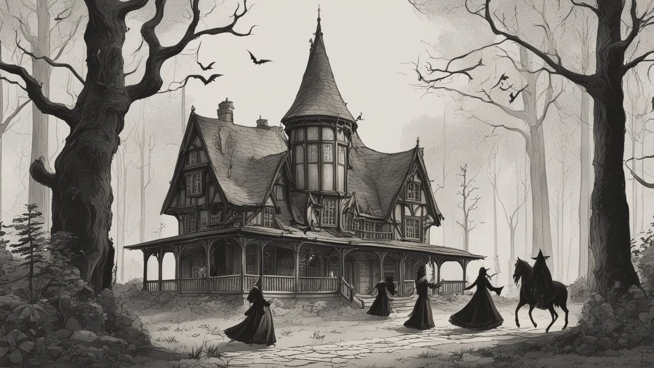 A gothic woodland house with a coven of witches dancing in front of it.