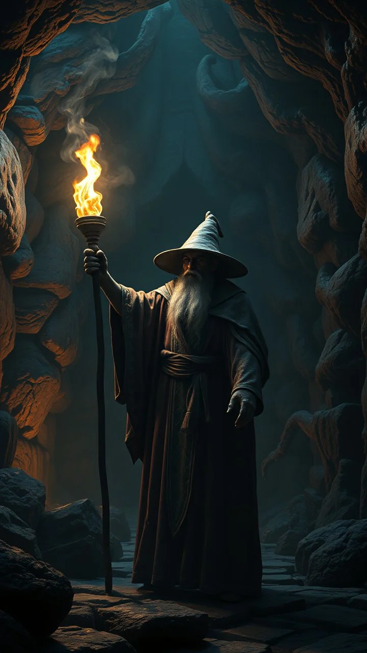 Busch painting style nightmare, a wizard standing in a 3d rendering full-height image of a grim and dark scene. Ensure the final images exhibit the utmost quality, with the play of a torch-lit dungeon encompassing 4K, 8K, and 64K resolutions, with 3D rendering that manifests in photorealistic, hyperrealistic, and highly detailed representations. Employ techniques such as HDR, UHD,