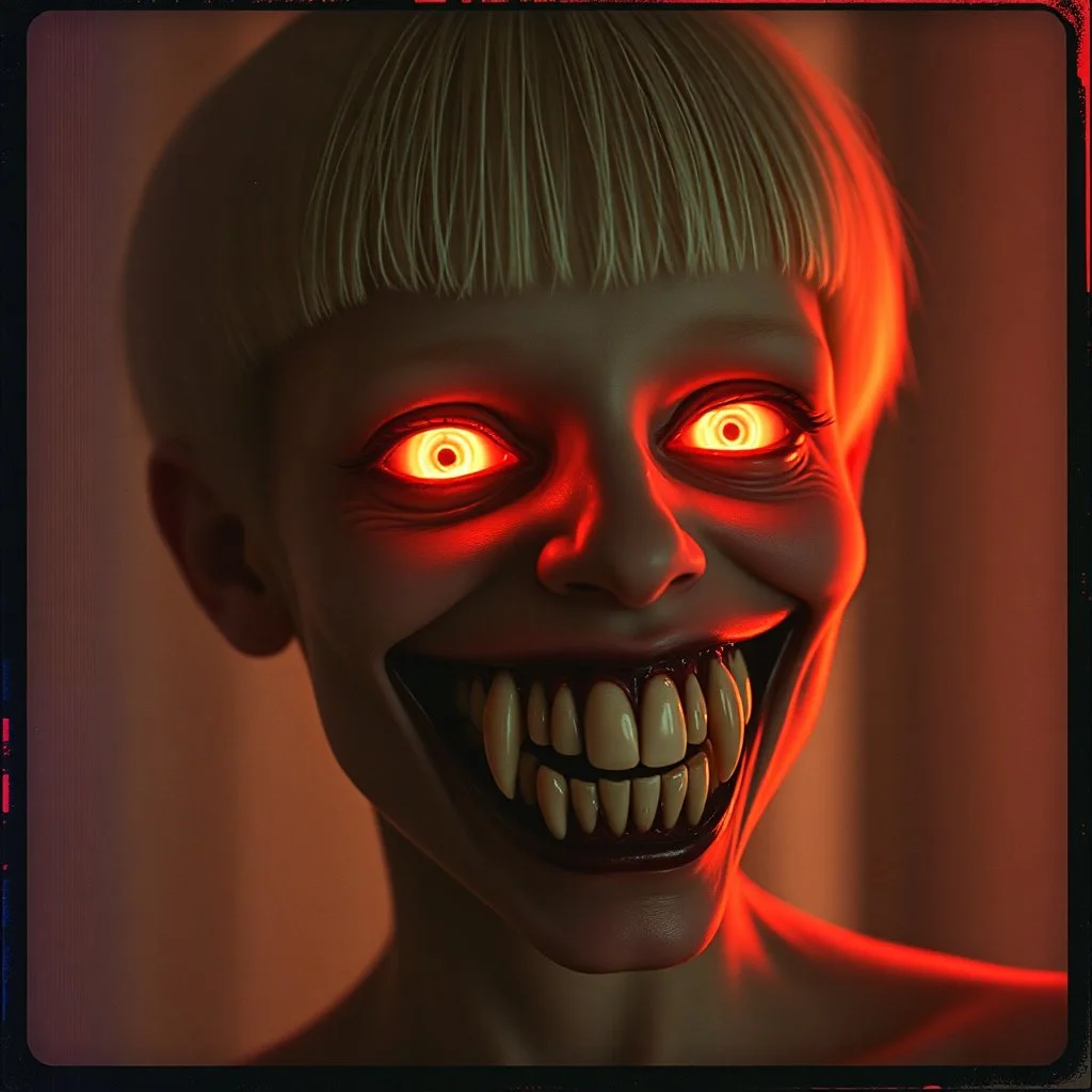 eerie depiction of a tow-headed albino with a bowl haircut, her eyes illuminated with a supernatural glow. This caucasian person bears a grotesquely exaggerated smile, housing large, razor-sharp teeth akin to the chilling grin of Venom. The image is tinged with dark, glitchy and grainy textures reminiscent of vintage VHS tape footage. The image encapsulates a sense of the surreal, fantastical, and macabre.