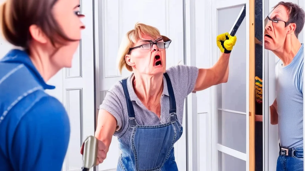 lady angry with male contractor installing the screen door