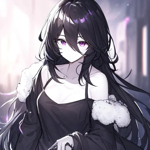 Clear focus, High resolution, rough line sketch art, long black hair, hair between eyes, fluffy hair, purple eyes, wearing a off shoulder shirt, no spaghetti strapes, dark aura, 1girl, wearing a skirt